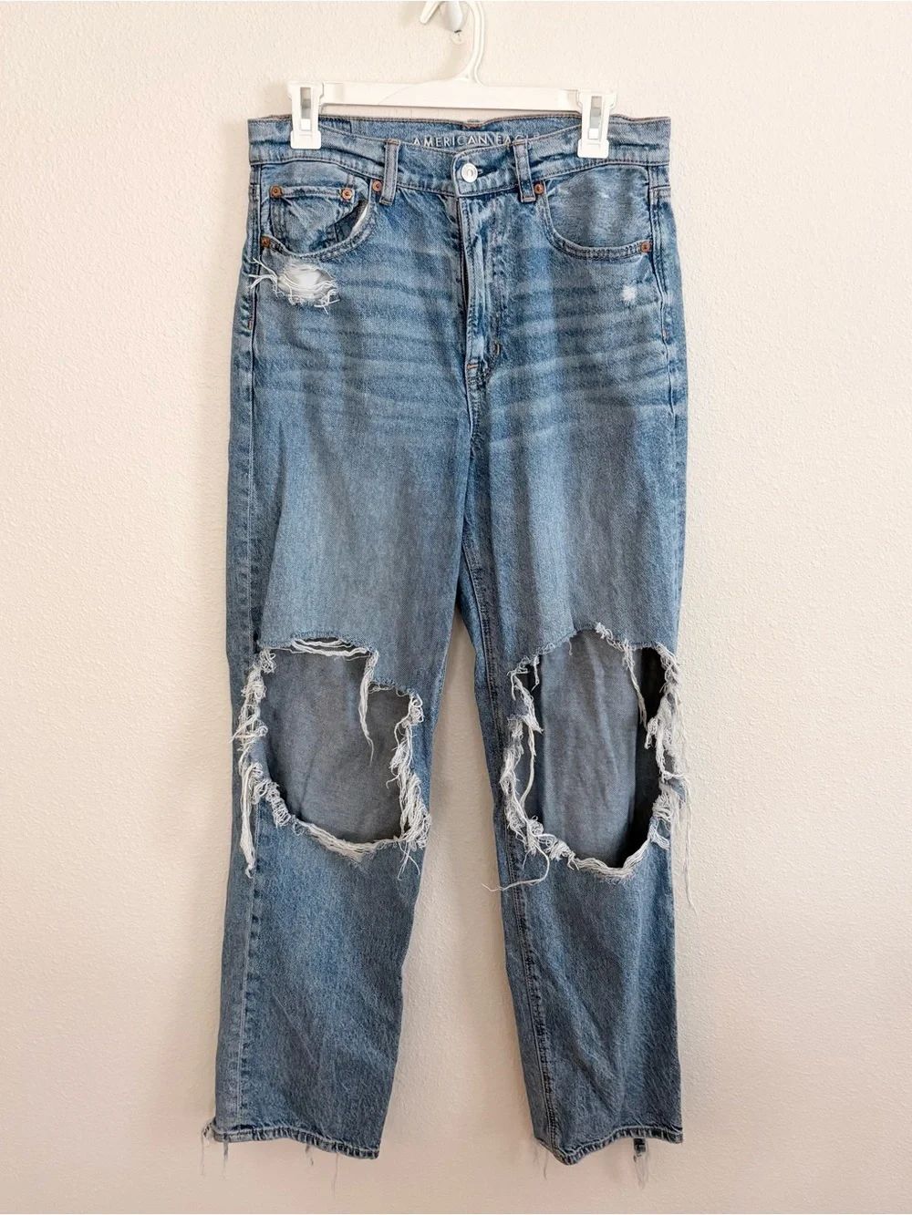 American Eagle Highest Rise Baggy Straight Jean Blue Denim Strigid Size 8R